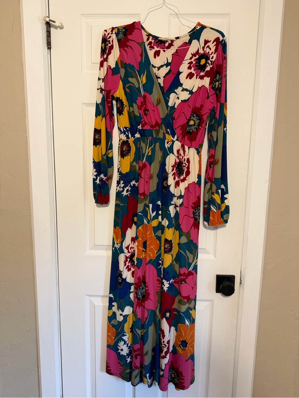 Beeson River Floral Wrap-Style Long Sleeve Maxi Dress in Teal, Fuchsia & Mustard